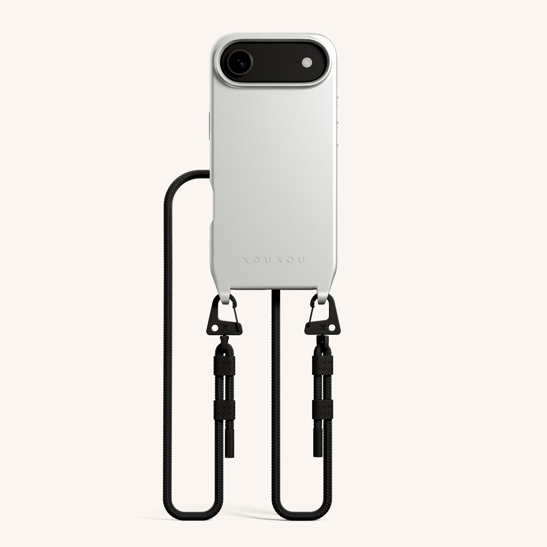 Phone Necklace with Carabiner Rope in Y2K Silver + Black
