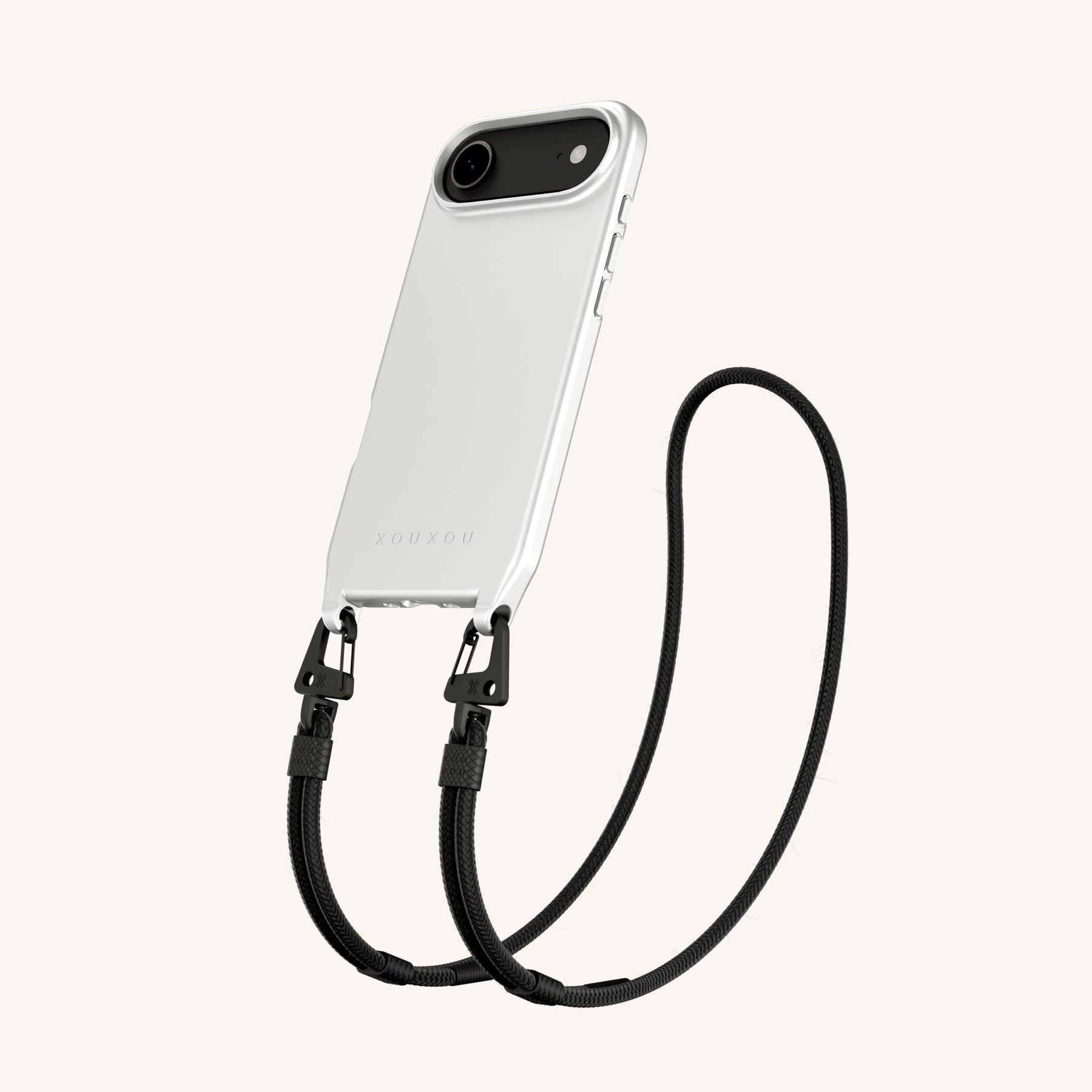 Phone Necklace with Carabiner Rope in Y2K Silver + Black
