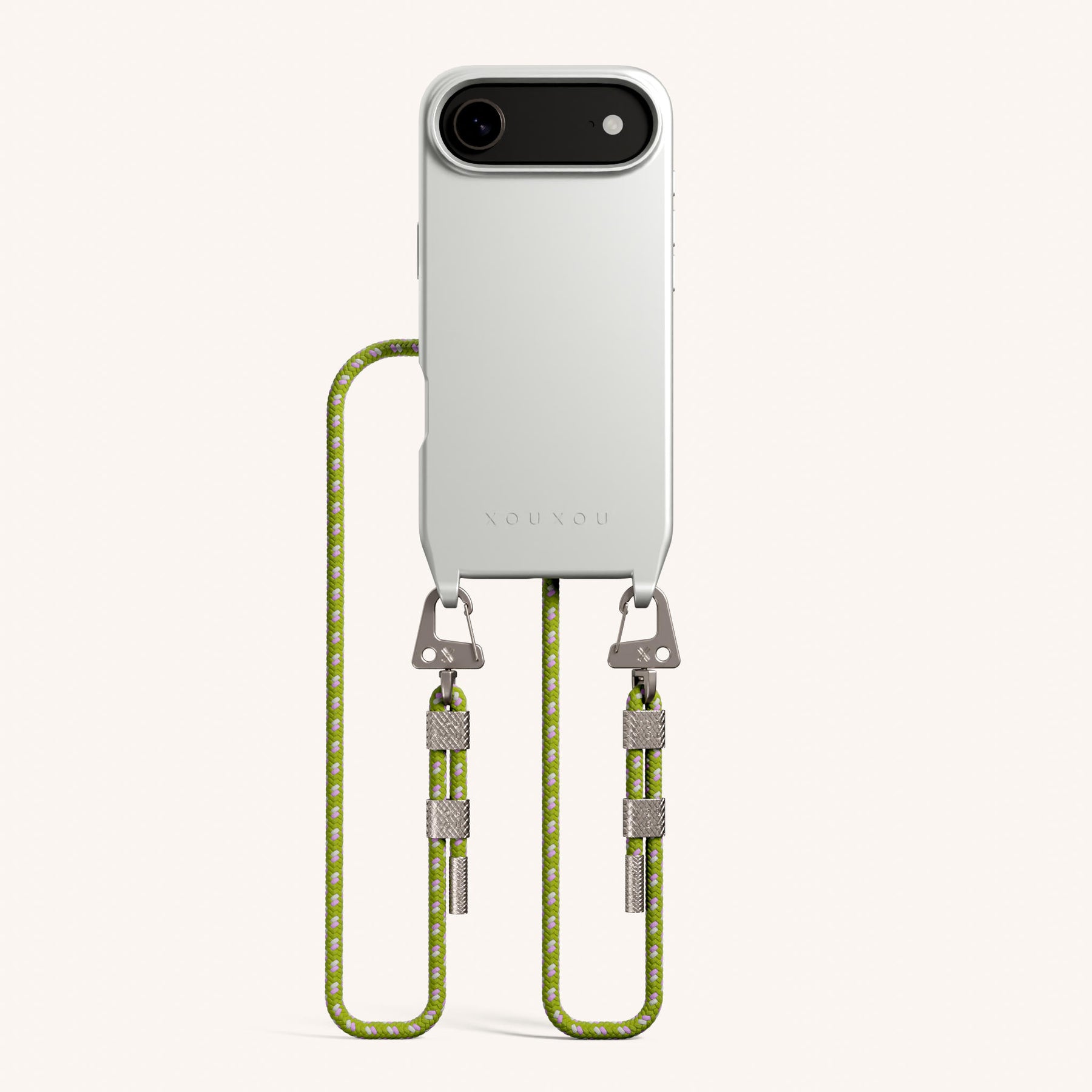 Phone Necklace with Carabiner Rope in Y2K Silver + Spotted Olive