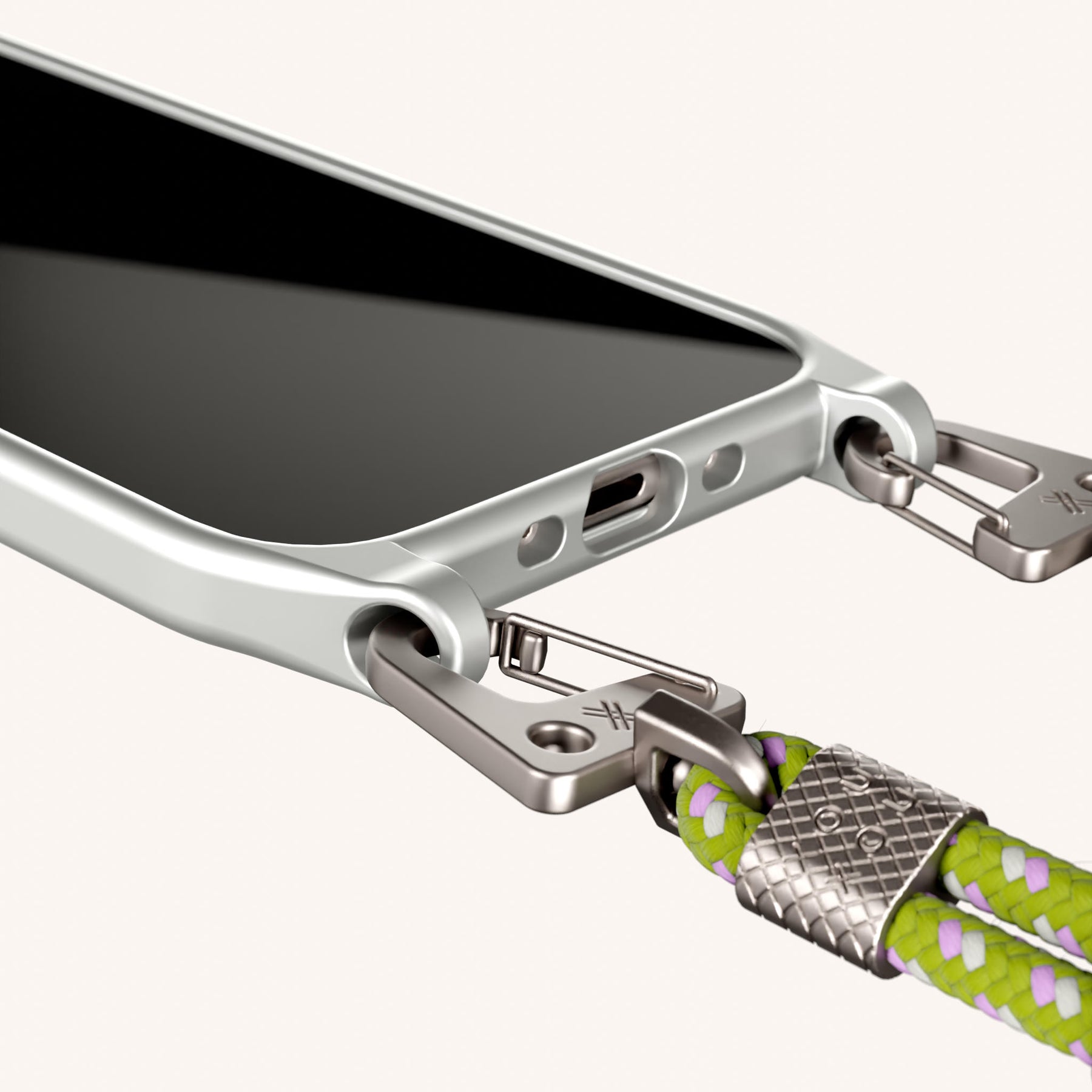 Phone Necklace with Carabiner Rope in Y2K Silver + Spotted Olive