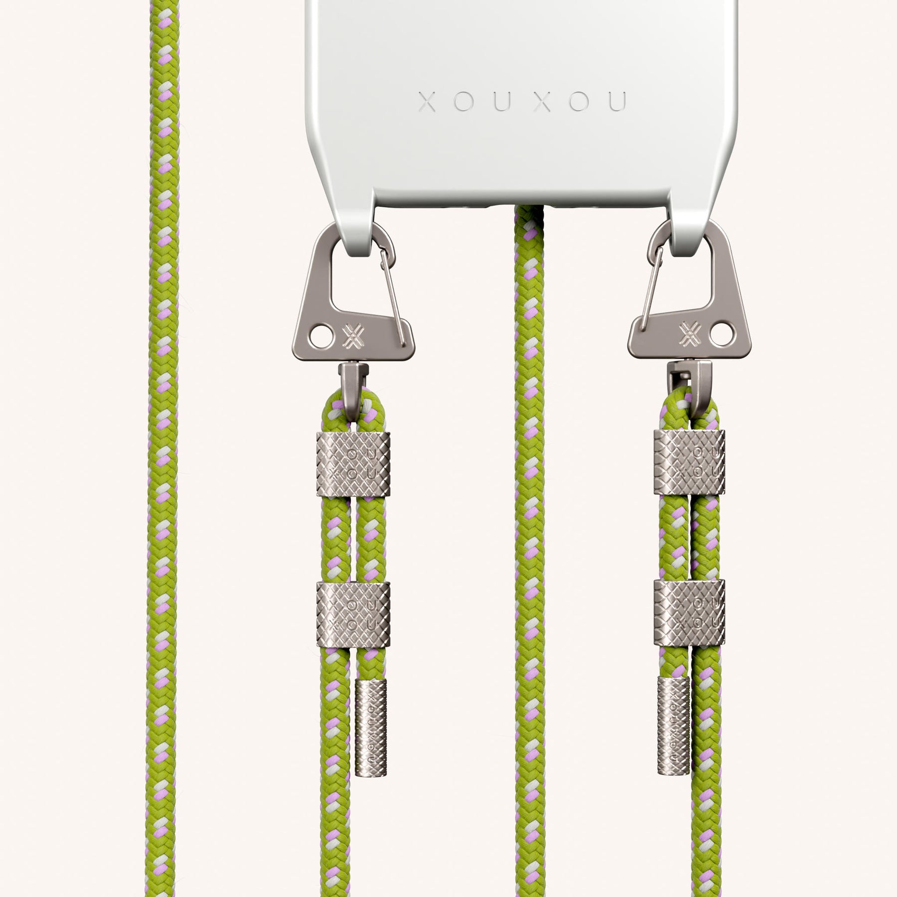 Phone Necklace with Carabiner Rope in Y2K Silver + Spotted Olive
