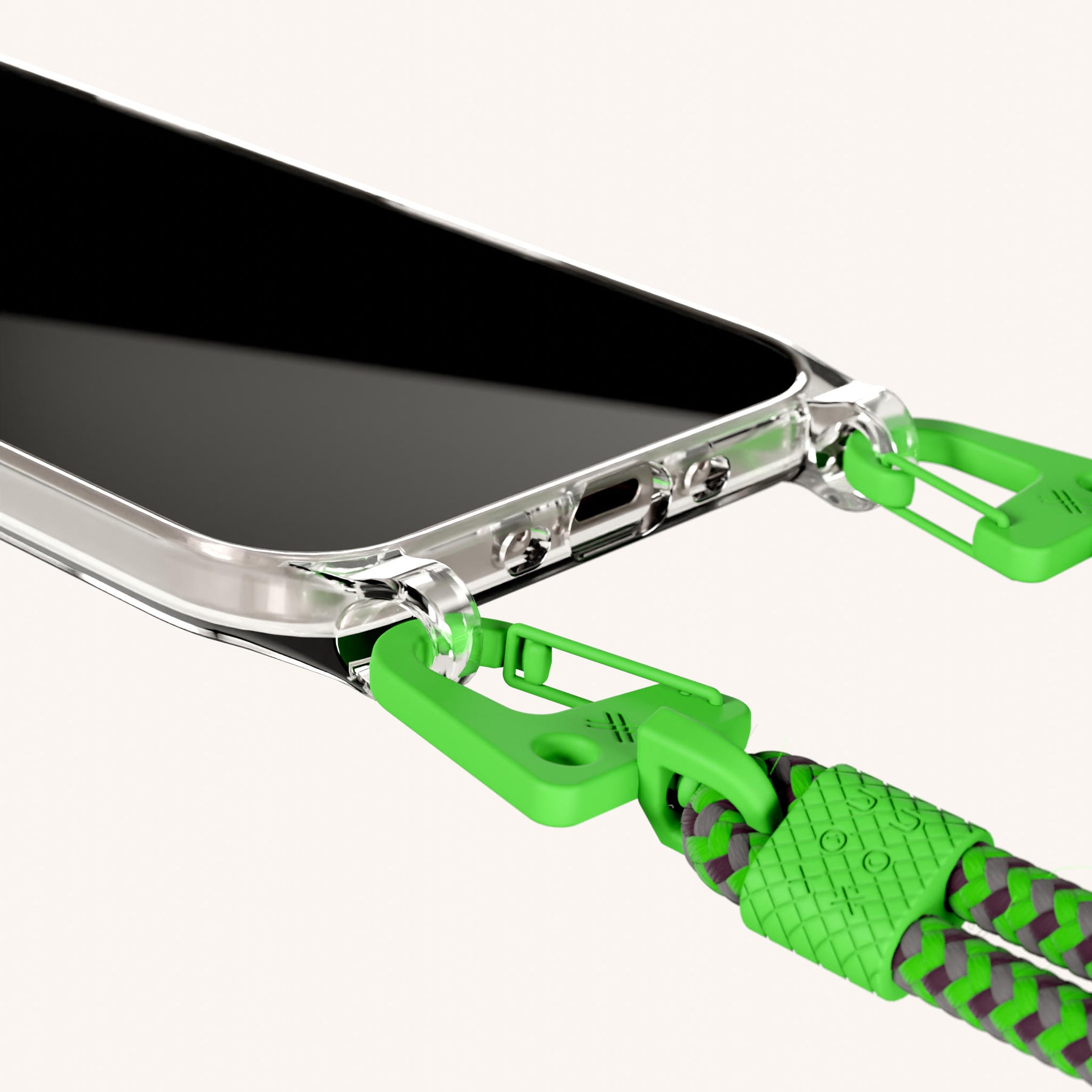 Phone Necklace with Carabiner Rope in Clear + Acid