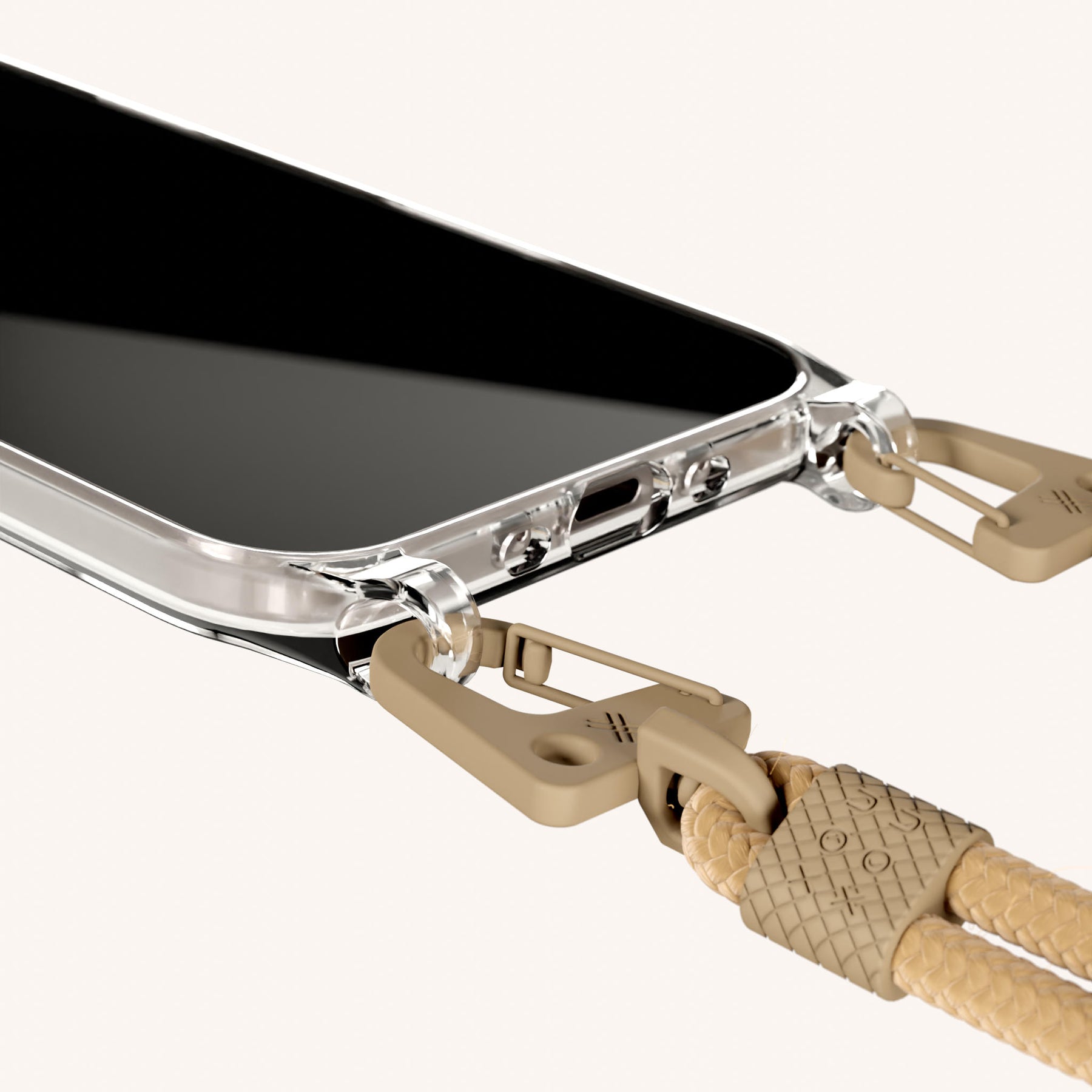 Phone Necklace with Carabiner Rope in Clear + Sand
