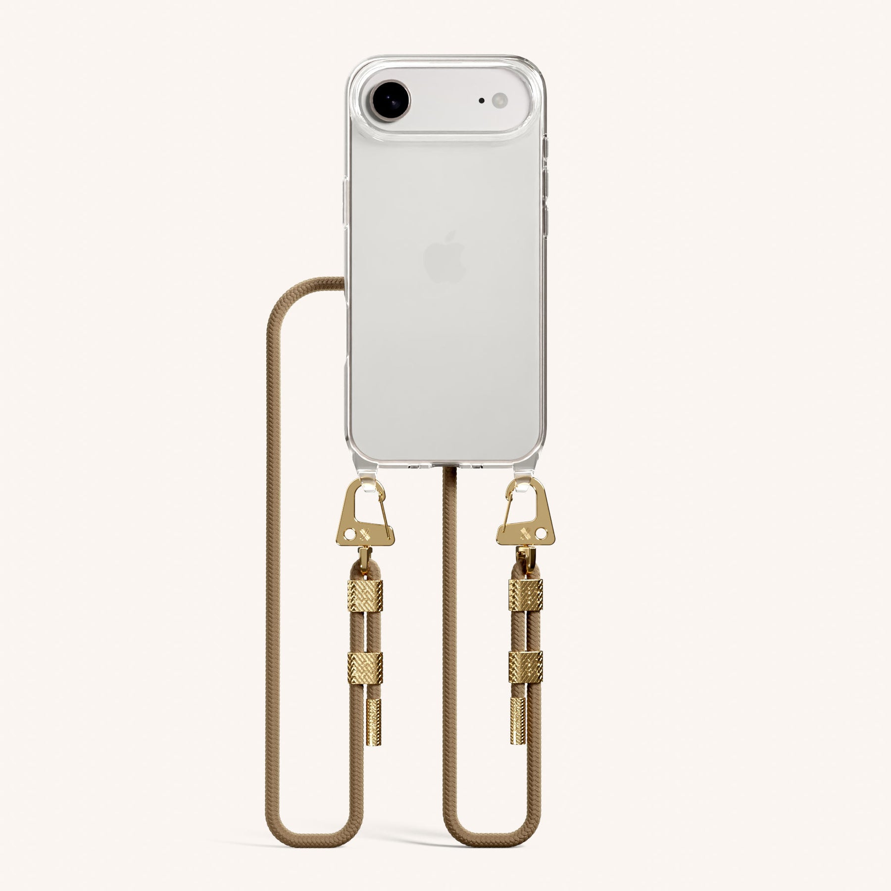 Phone Necklace with Carabiner Rope in Clear + Taupe