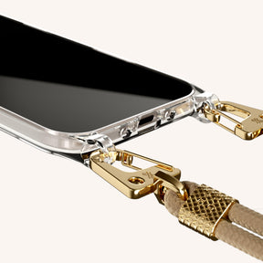 Phone Necklace with Carabiner Rope in Clear + Taupe