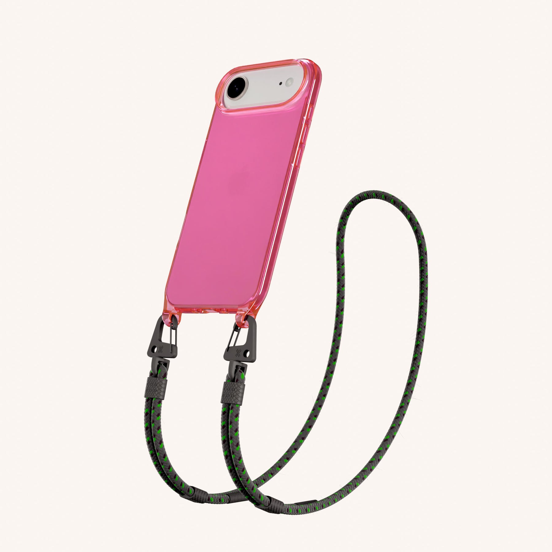 Phone Necklace with Carabiner Rope in Cyber Pink Clear + Ash