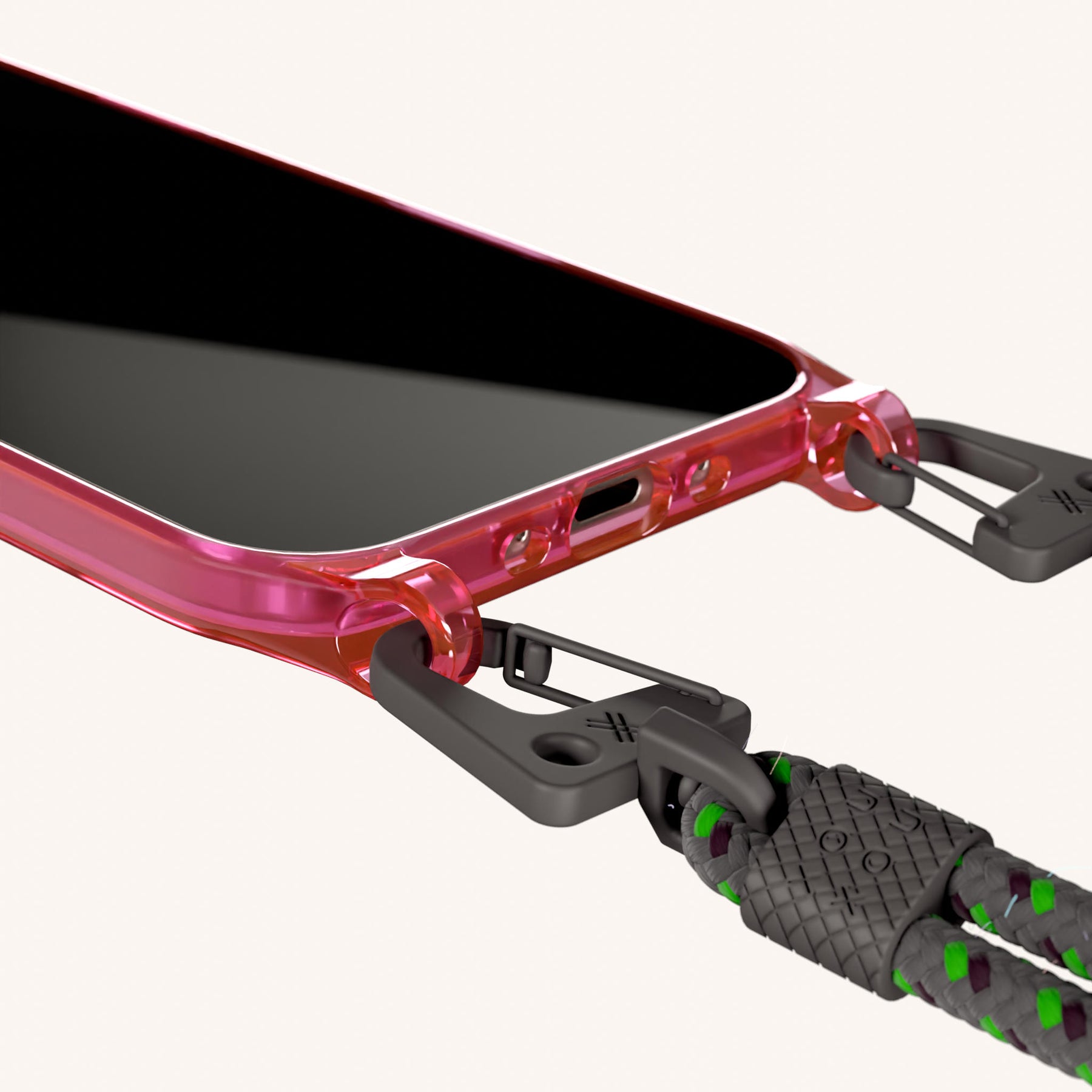 Phone Necklace with Carabiner Rope in Cyber Pink Clear + Ash
