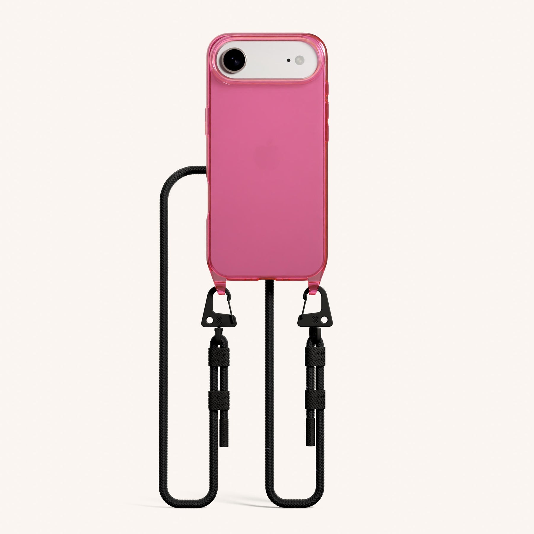 Phone Necklace with Carabiner Rope in Cyber Pink Clear + Black