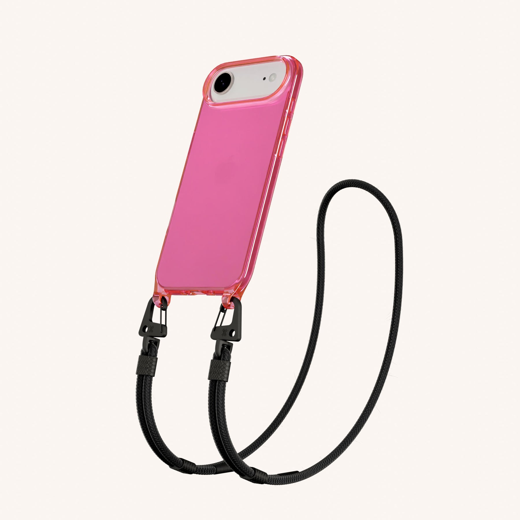 Phone Necklace with Carabiner Rope in Cyber Pink Clear + Black