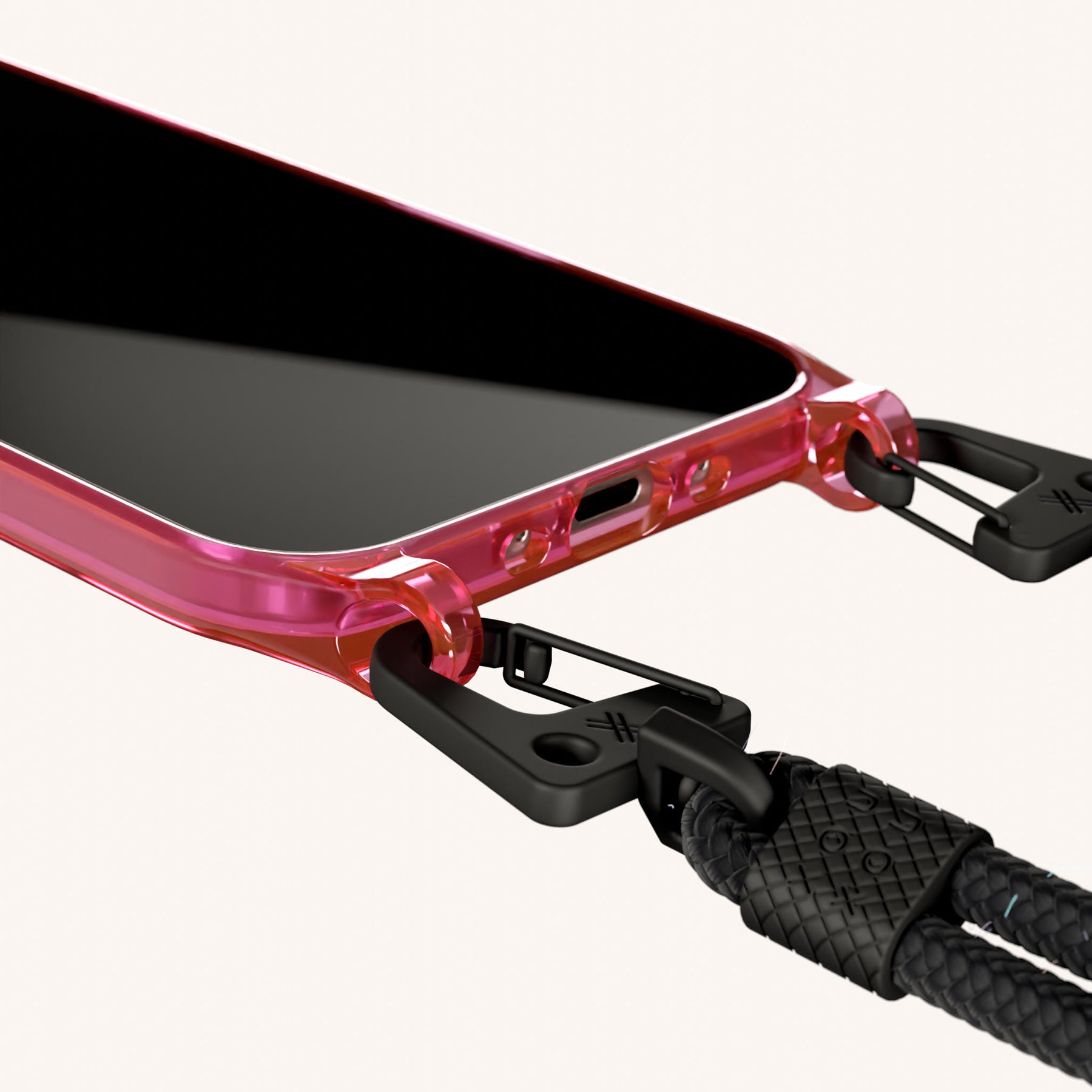 Phone Necklace with Carabiner Rope in Cyber Pink Clear + Black