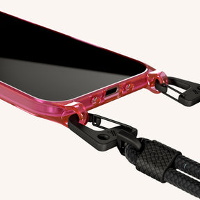 Phone Necklace with Carabiner Rope in Cyber Pink Clear + Black
