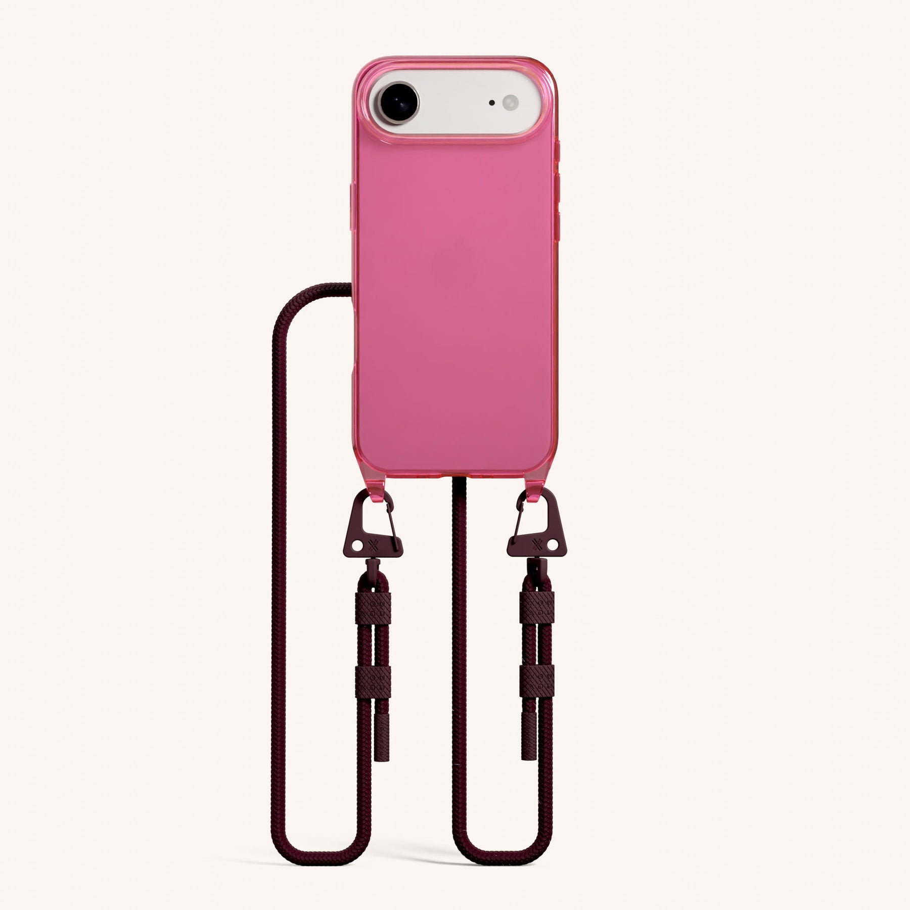 Phone Necklace with Carabiner Rope in Cyber Pink Clear + Burgundy