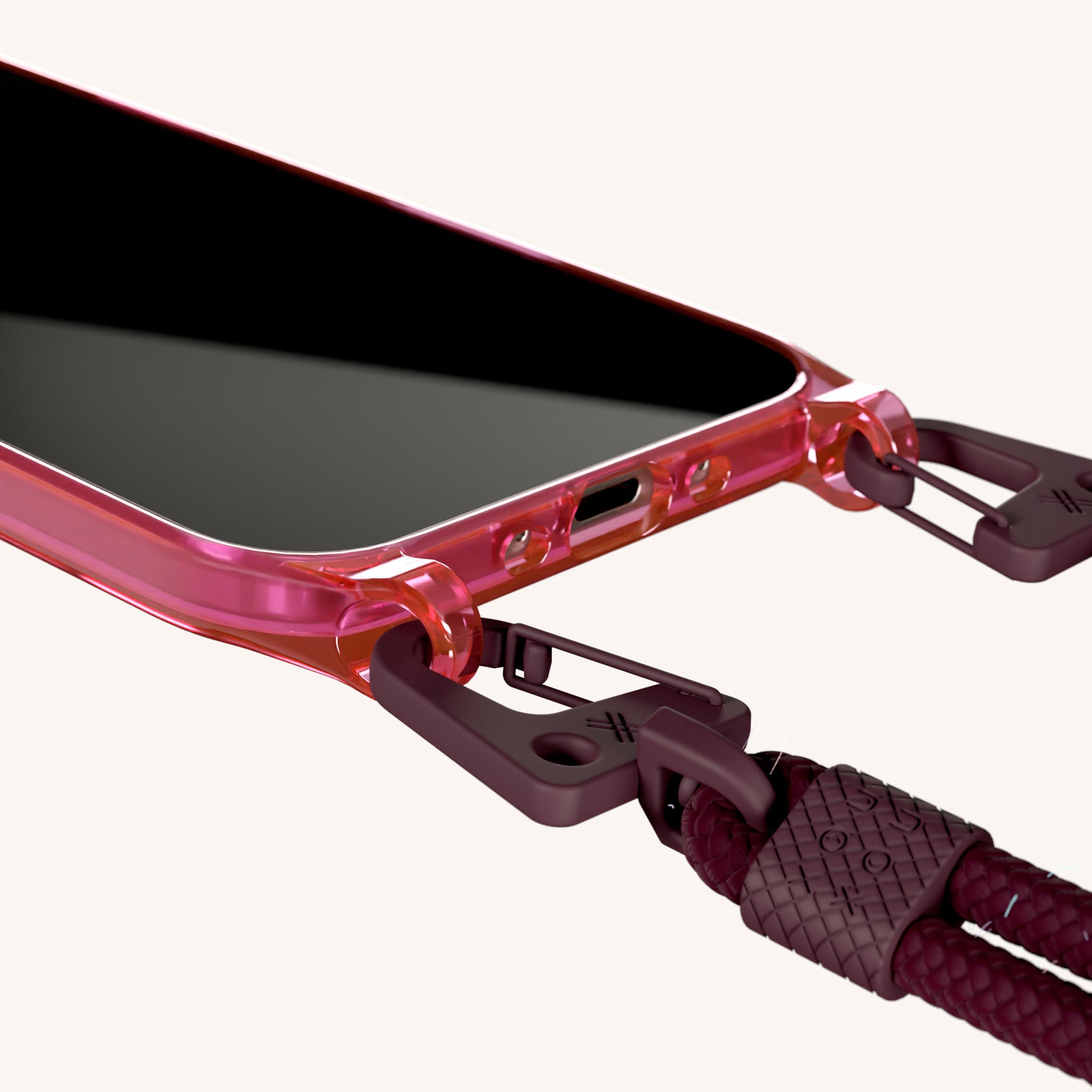Phone Necklace with Carabiner Rope in Cyber Pink Clear + Burgundy