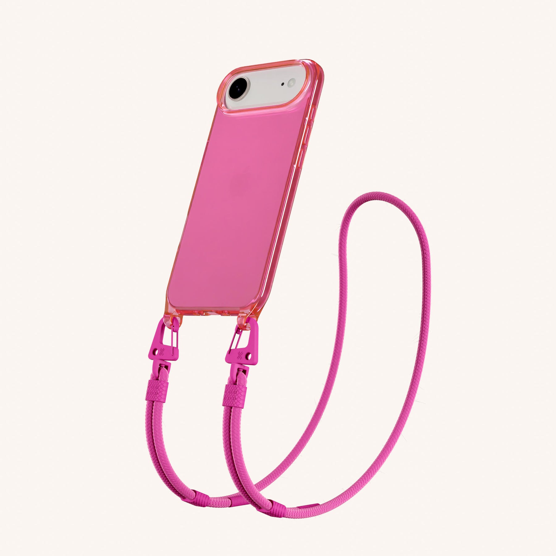 Phone Necklace with Carabiner Rope in Cyber Pink Clear + Power Pink