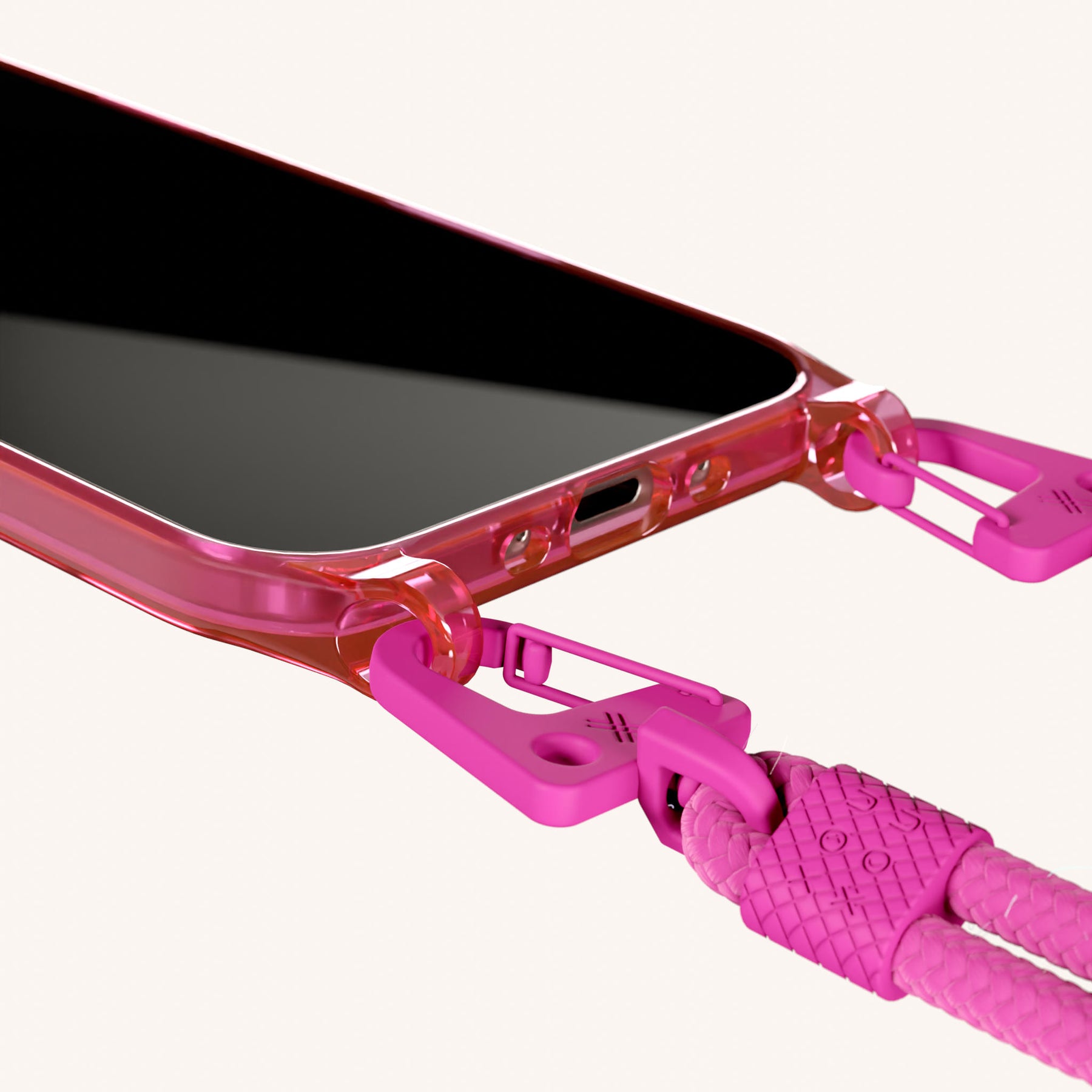 Phone Necklace with Carabiner Rope in Cyber Pink Clear + Power Pink