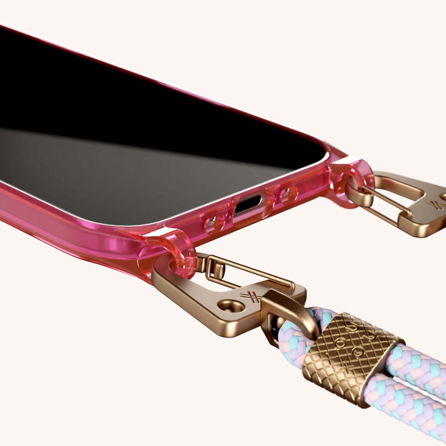 Phone Necklace with Carabiner Rope in Cyber Pink Clear + Vibrant Pastel