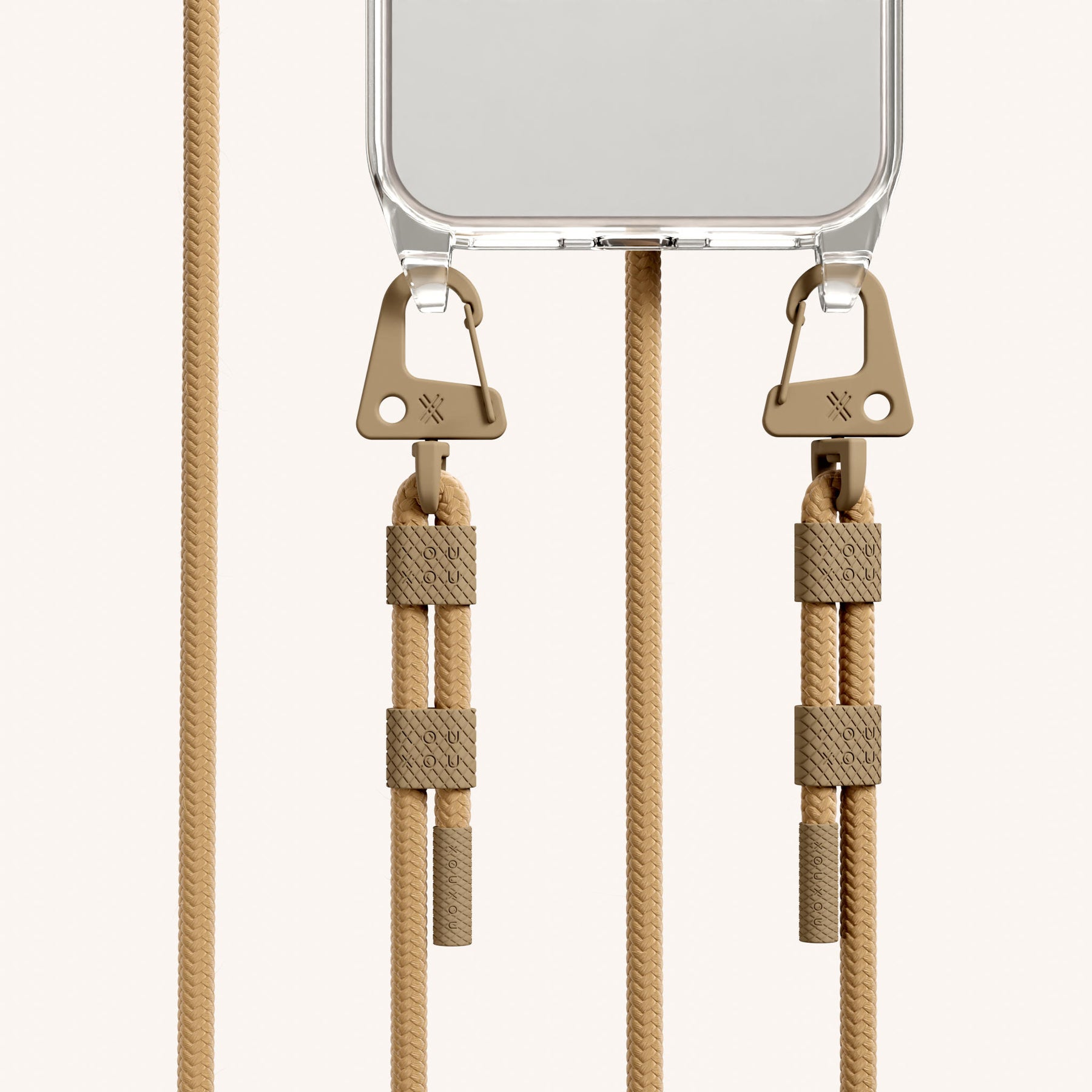 Phone Necklace with Carabiner Rope in Clear + Sand