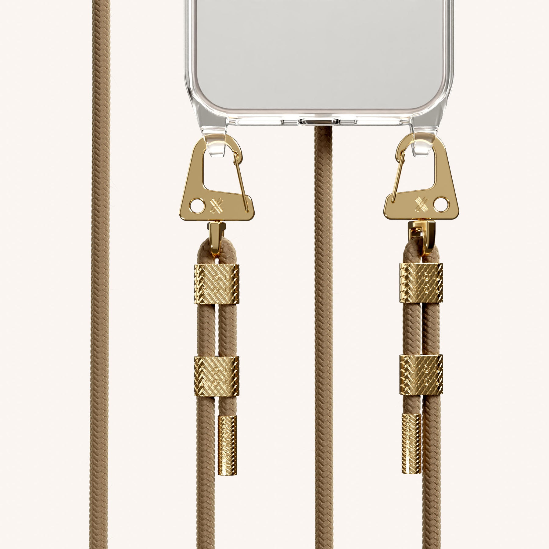 Phone Necklace with Carabiner Rope in Clear + Taupe