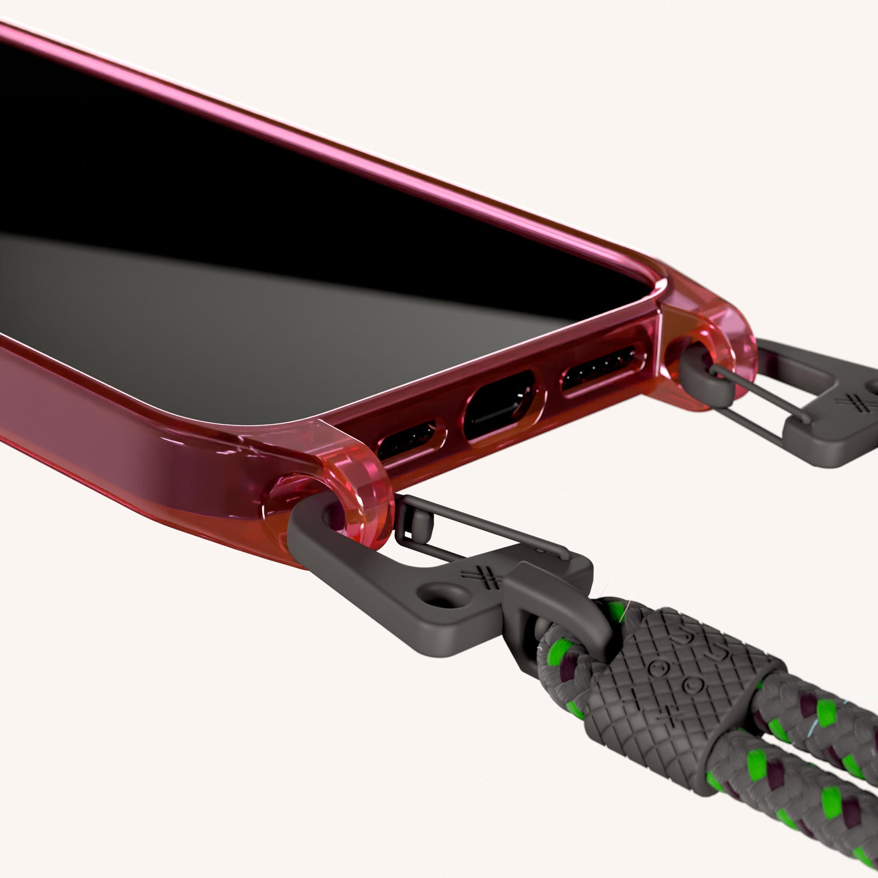 Phone Necklace with Carabiner Rope in Cyber Pink Clear + Ash