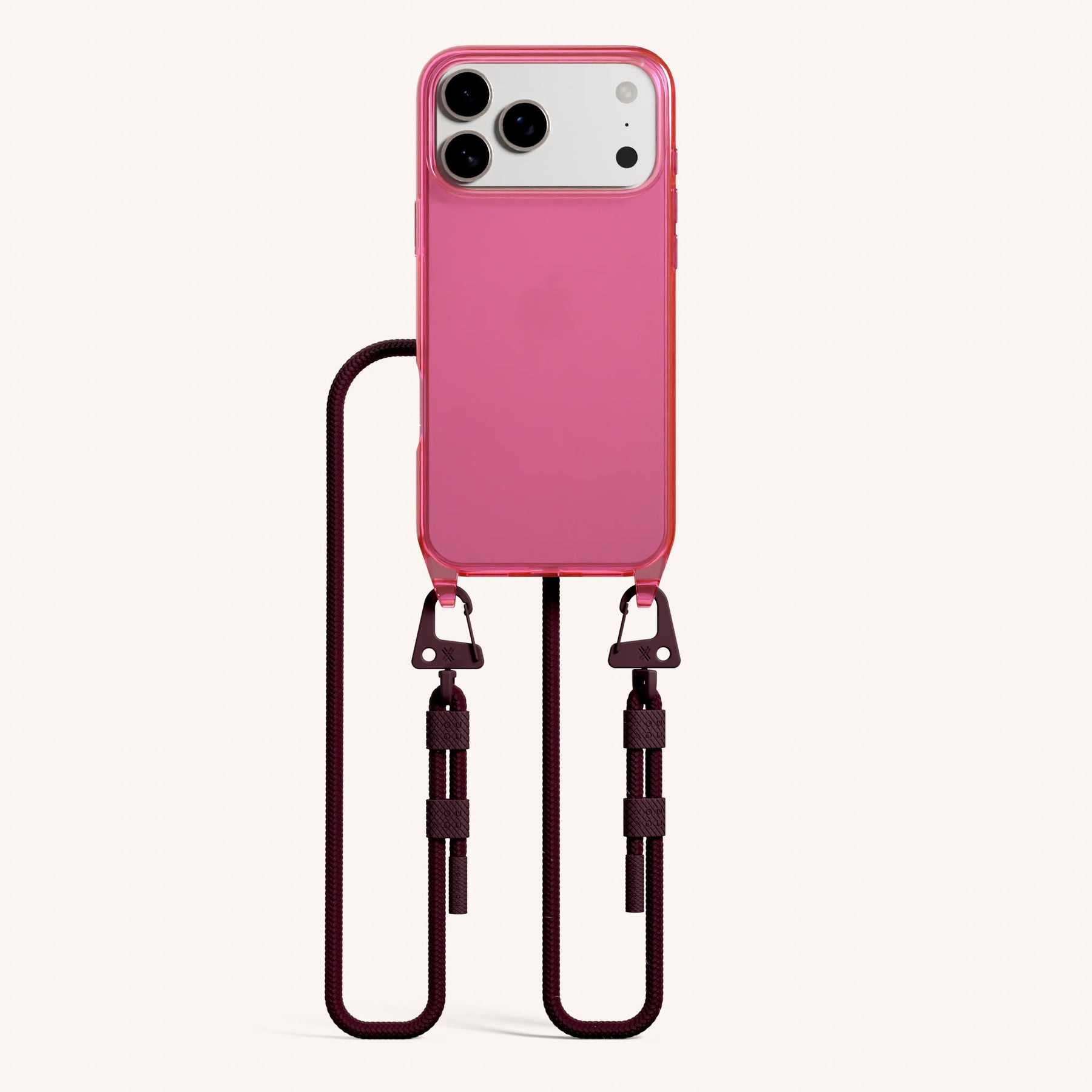 Phone Necklace with Carabiner Rope in Cyber Pink Clear + Burgundy