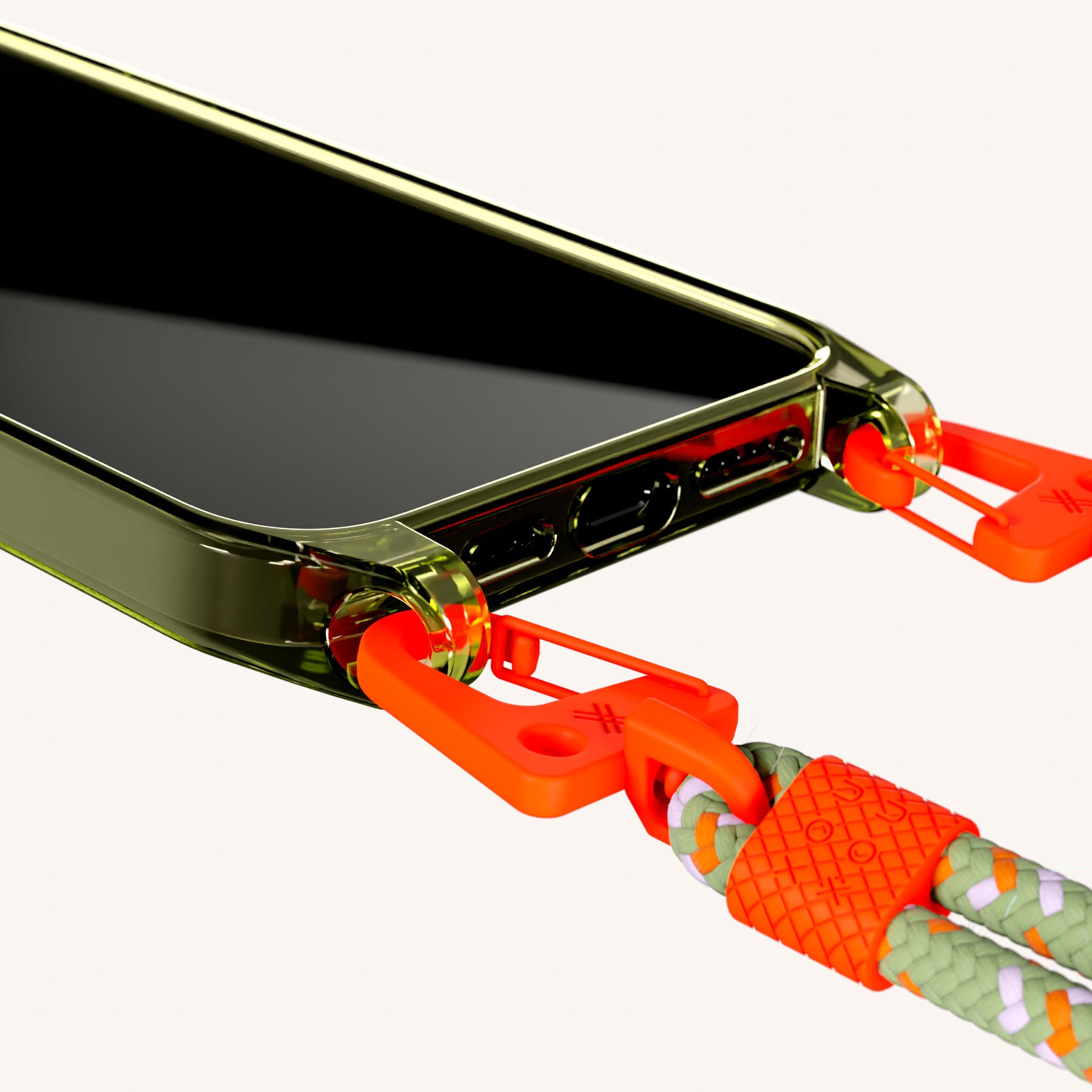 Phone Necklace with Carabiner Rope in Sunny Lime Clear + Orange Camouflage