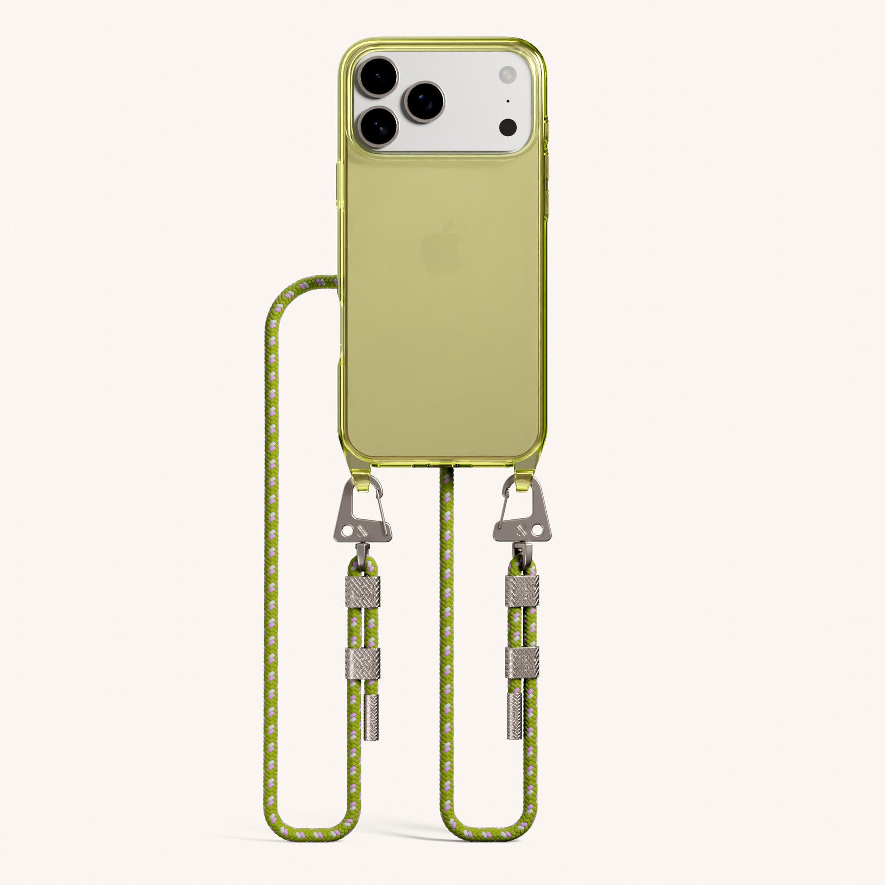 Phone Necklace with Carabiner Rope in Sunny Lime Clear + Spotted Olive
