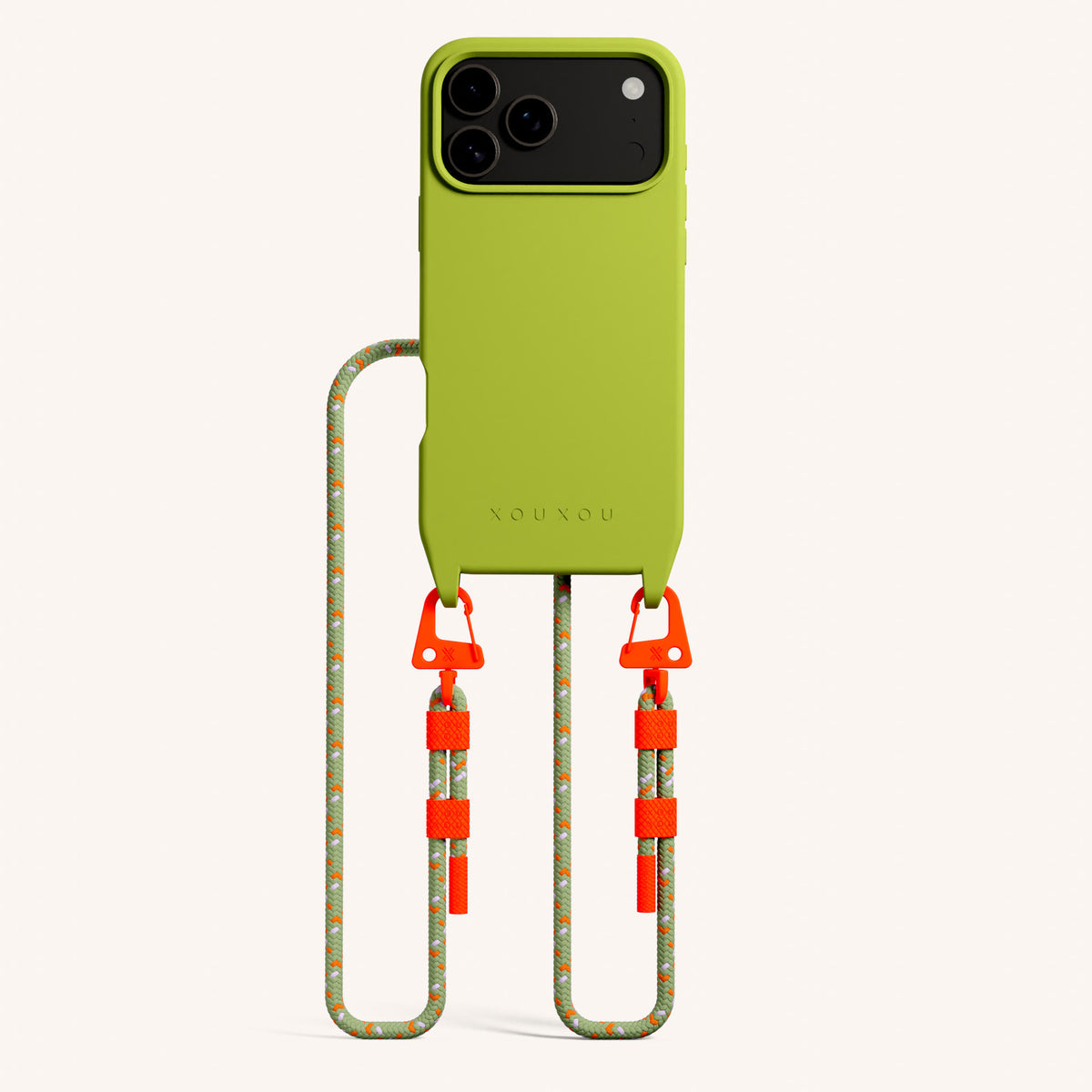 Phone Necklace with Carabiner Rope for iPhone 17 Pro with MagSafe in Olive and Orange Total View | XOUXOU #phone model_iphone 17 pro