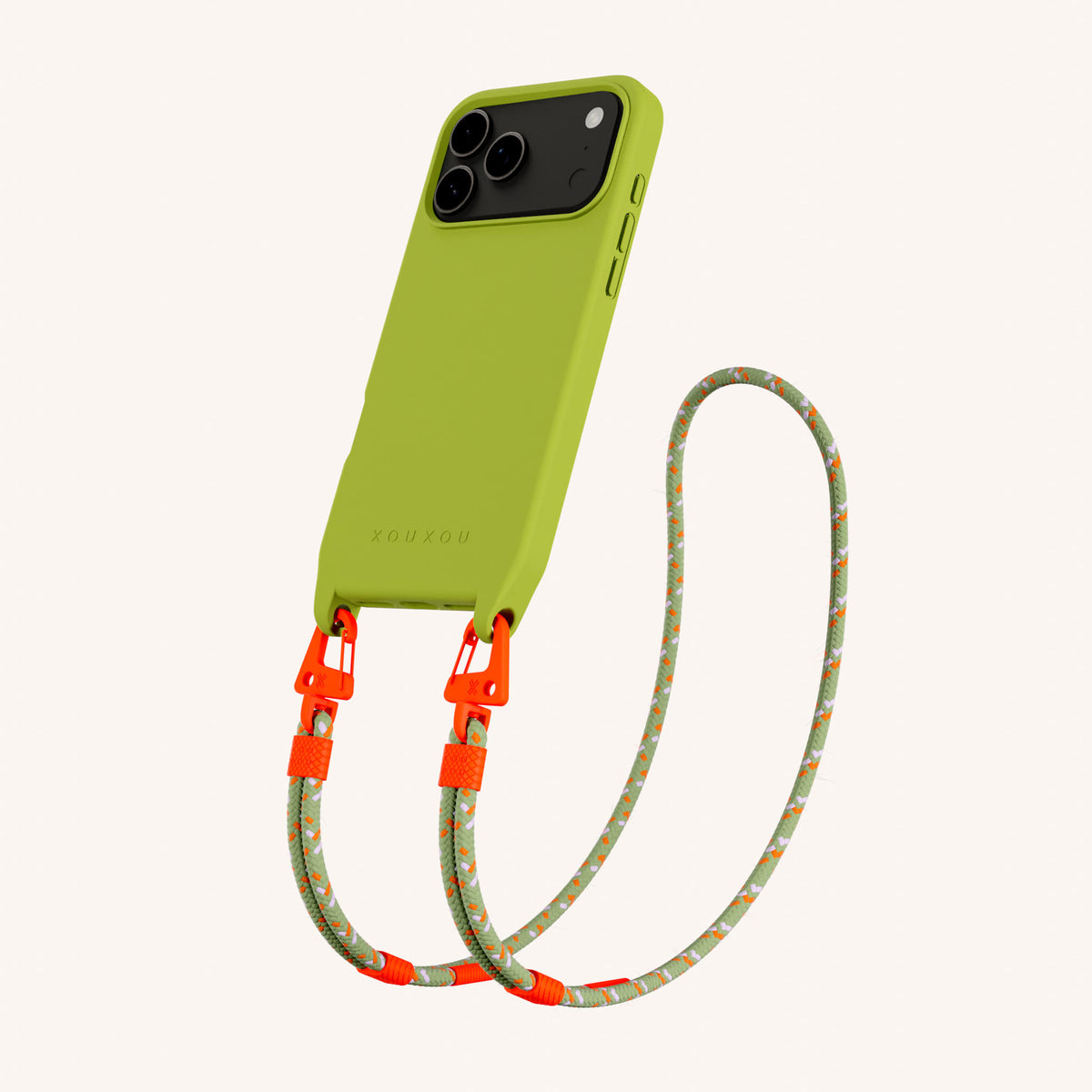 Phone Necklace with Carabiner Rope for iPhone 17 Pro with MagSafe in Olive and Orange Total View | XOUXOU #phone model_iphone 17 pro