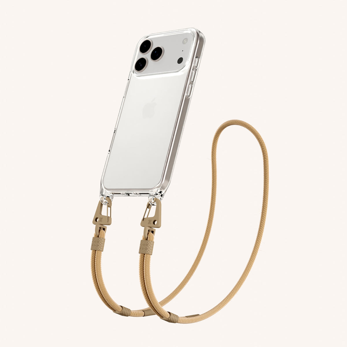 Phone Necklace with Carabiner Rope for iPhone 17 Pro without MagSafe in Clear and Sand Total View | XOUXOU #phone model_iphone 17 pro
