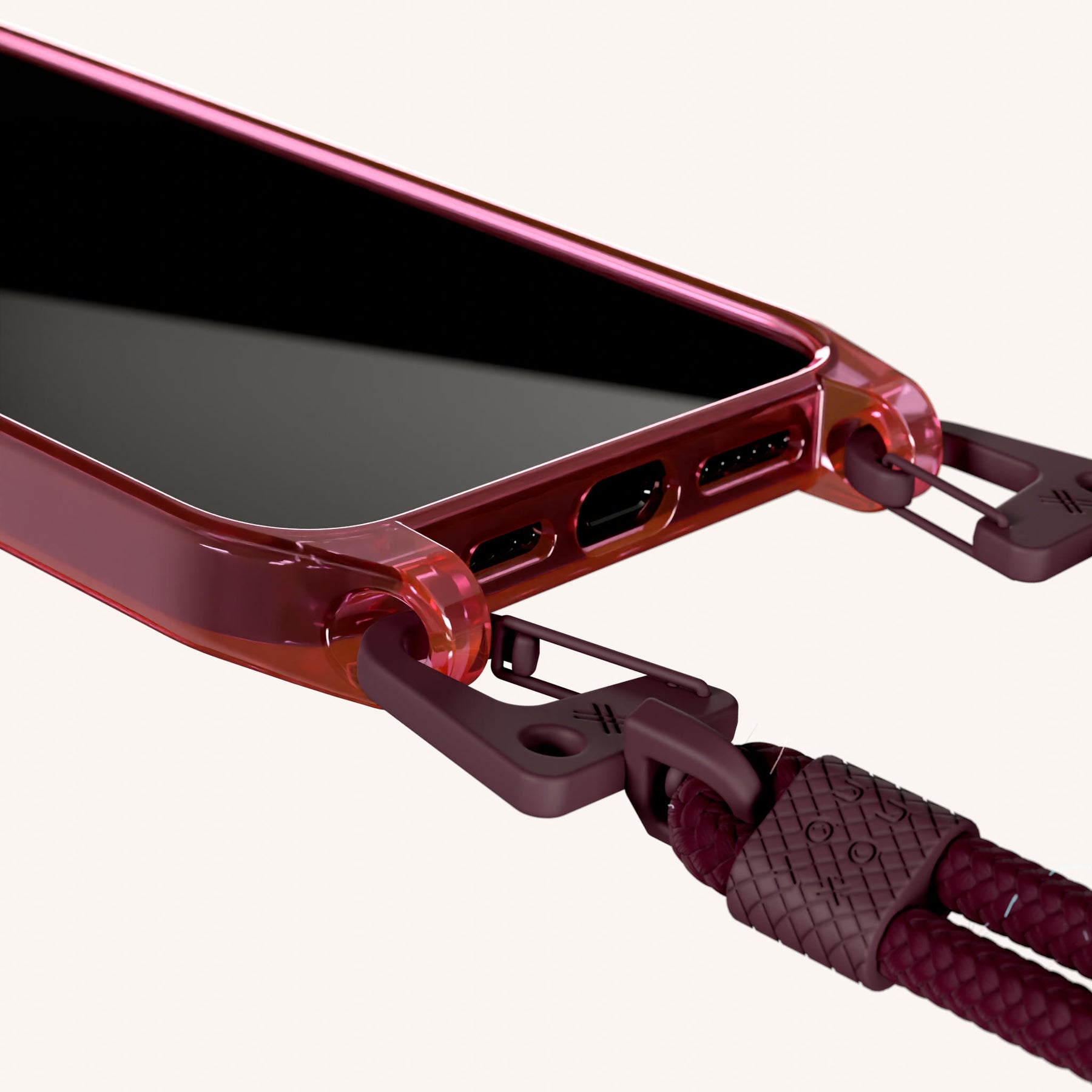 Phone Necklace with Carabiner Rope in Cyber Pink Clear + Burgundy