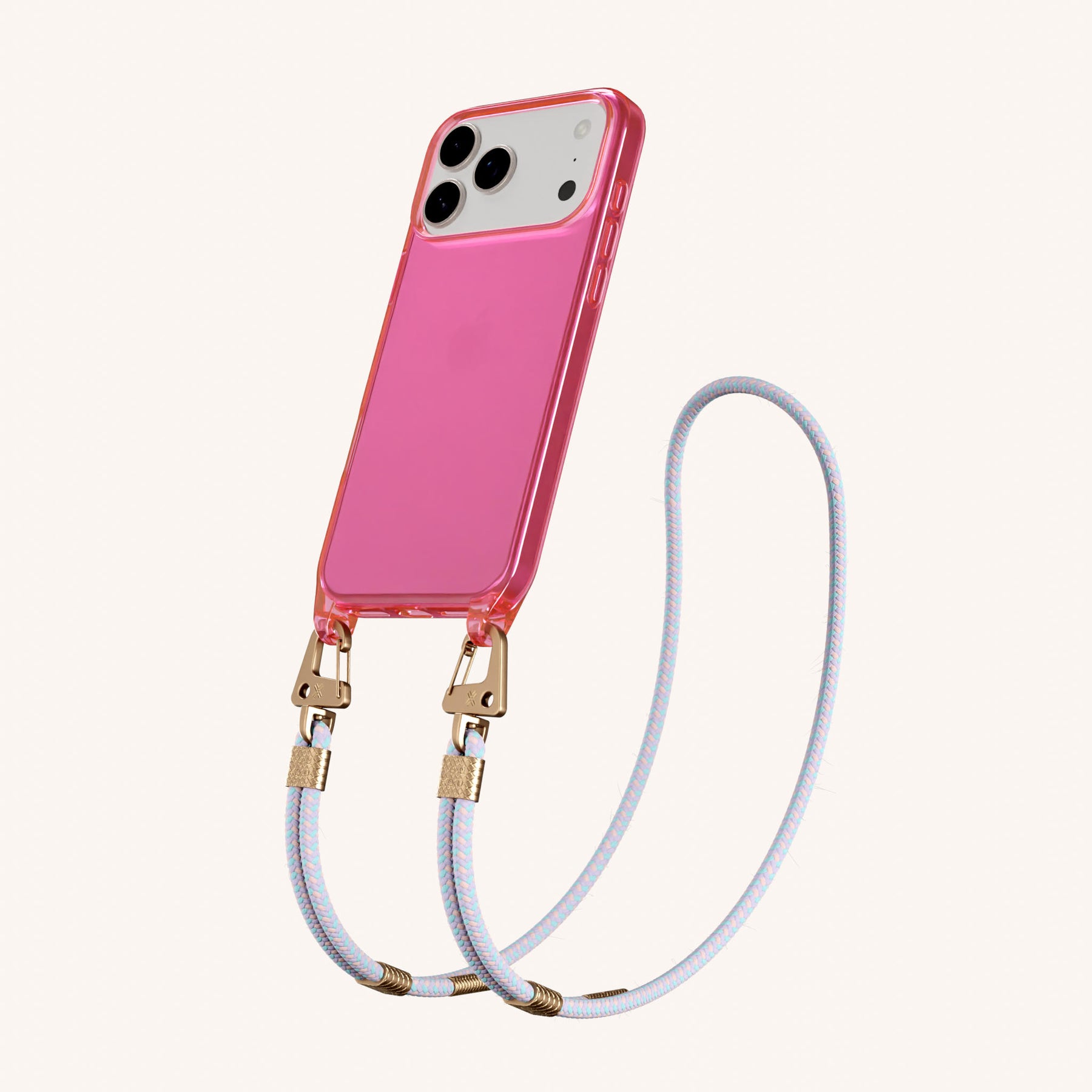 Phone Necklace with Carabiner Rope in Cyber Pink Clear + Vibrant Pastel