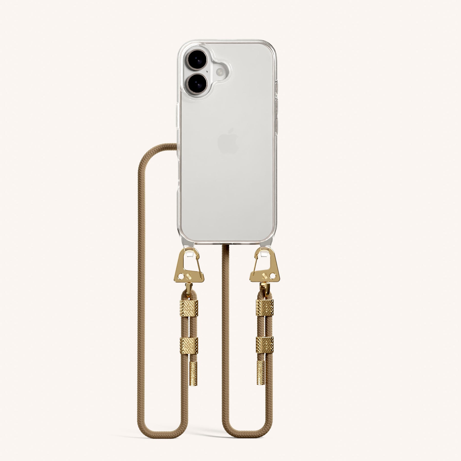 Phone Necklace with Carabiner Rope in Clear + Taupe