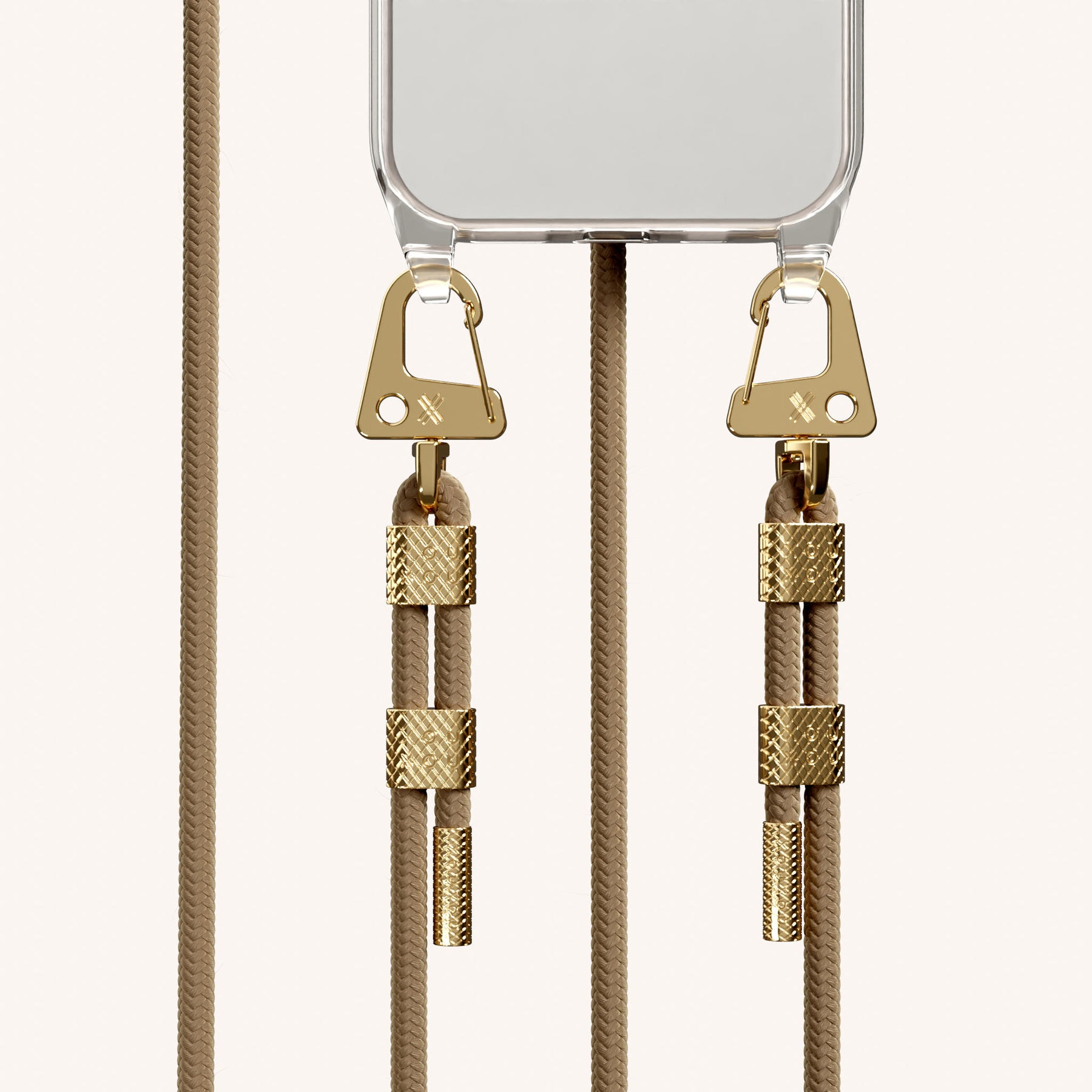 Phone Necklace with Carabiner Rope in Clear + Taupe