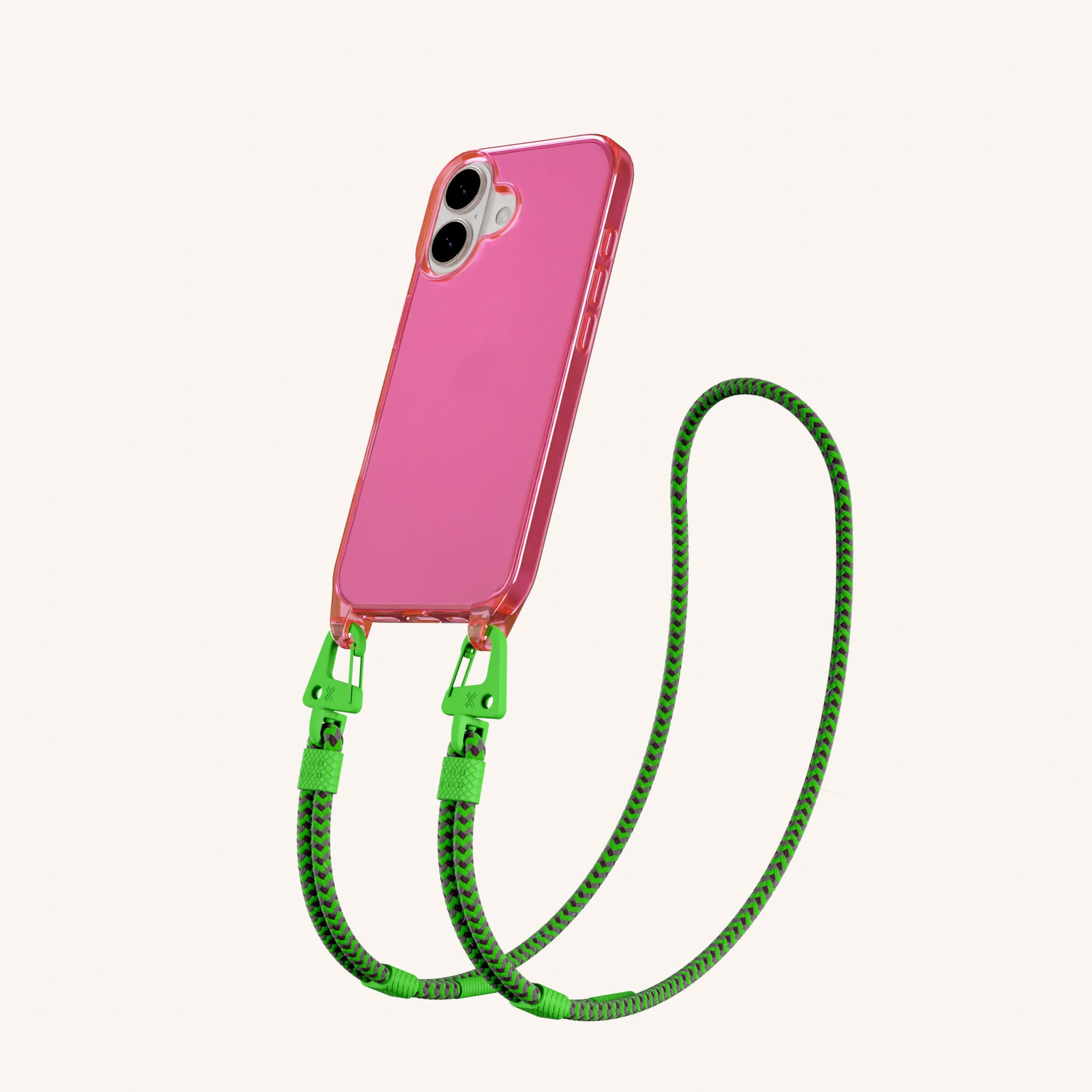 Phone Necklace with Carabiner Rope in Cyber Pink Clear + Acid