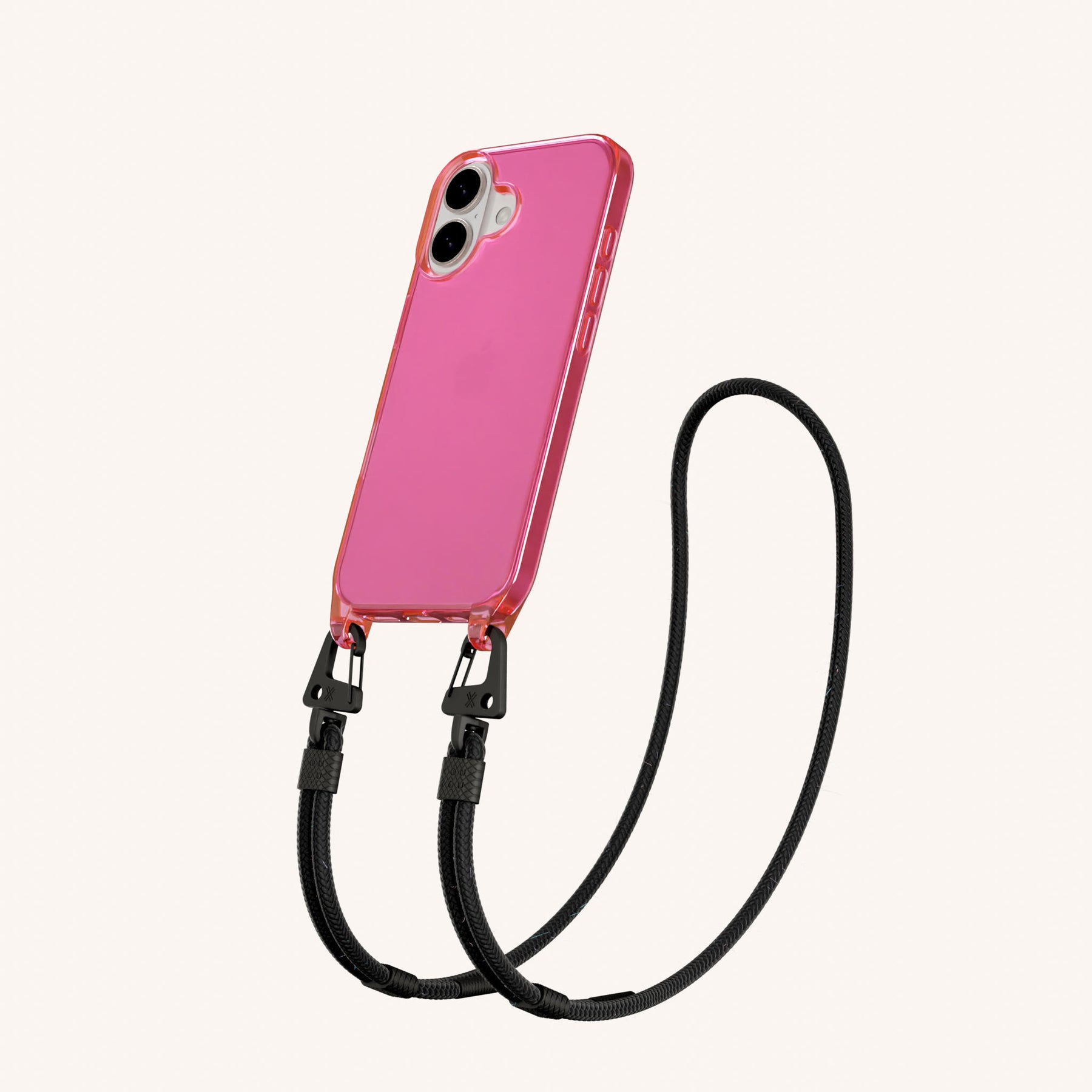 Phone Necklace with Carabiner Rope in Cyber Pink Clear + Black