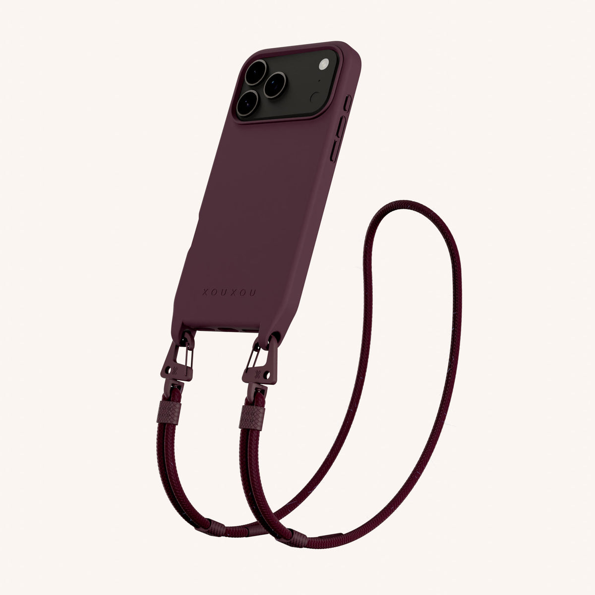 Phone Necklace with Carabiner Rope for iPhone 18 Pro Max with MagSafe in Burgundy Perspective View | XOUXOU #phone model_iphone 18 pro max
