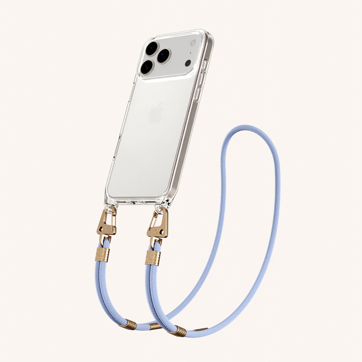 Phone Necklace with Carabiner Rope for iPhone 18 Pro Max without MagSafe in Clear + Baby Blue Perspective View | XOUXOU #phone model_iphone 18 pro max