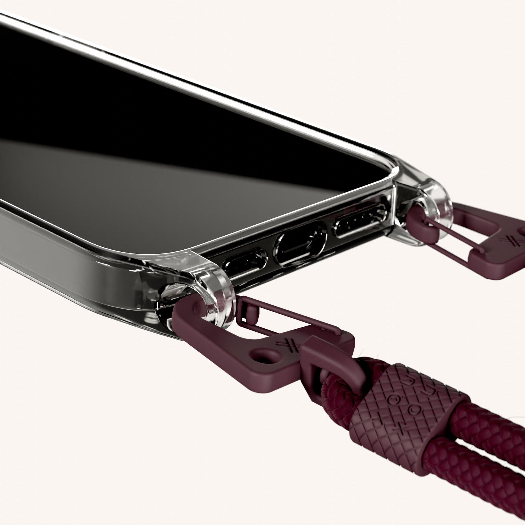Handykette mit Karabinerband in Clear + Burgundy