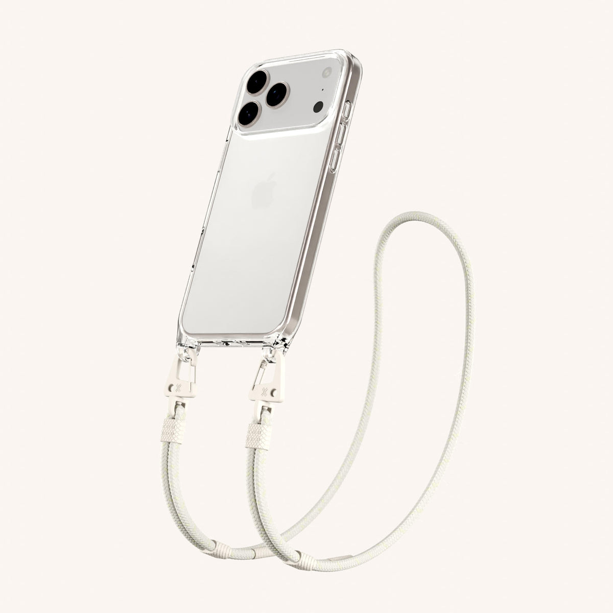 Phone Necklace with Carabiner Rope for iPhone 18 Pro Max without MagSafe in Clear + Chalk Perspective View | XOUXOU #phone model_iphone 18 pro max