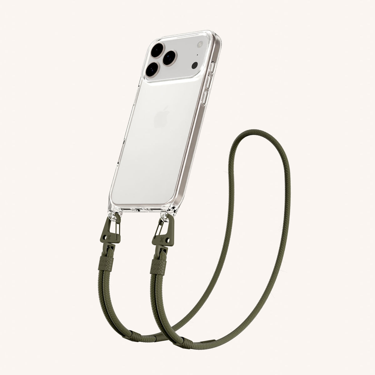 Phone Necklace with Carabiner Rope for iPhone 18 Pro Max without MagSafe in Clear + Moss Perspective View | XOUXOU #phone model_iphone 18 pro max