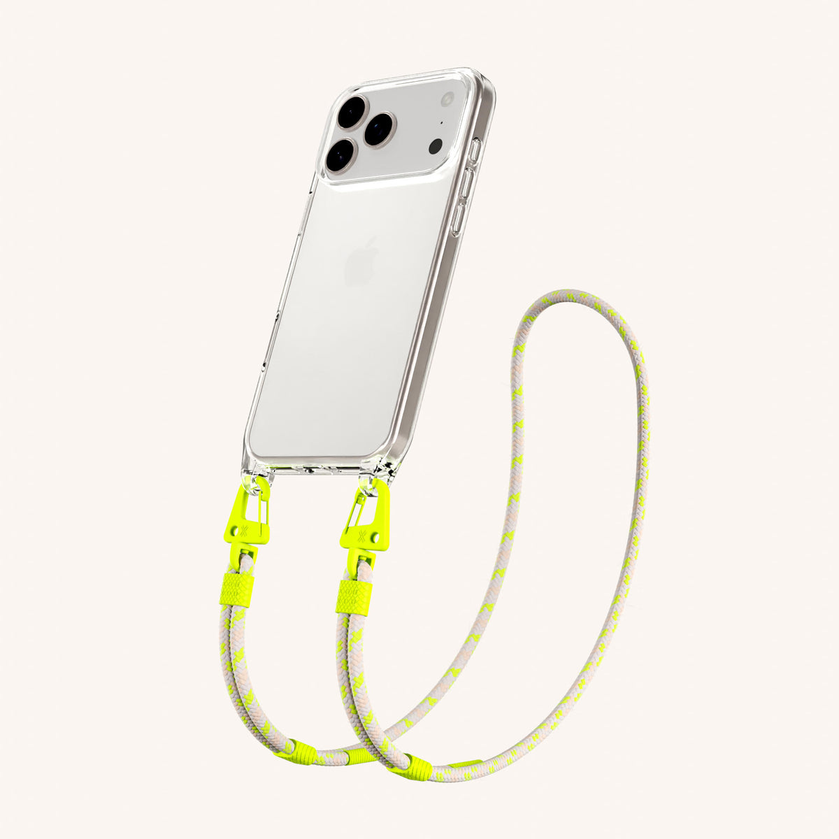 Phone Necklace with Carabiner Rope for iPhone 18 Pro Max without MagSafe in Clear + Neon Camouflage Perspective View | XOUXOU #phone model_iphone 18 pro max