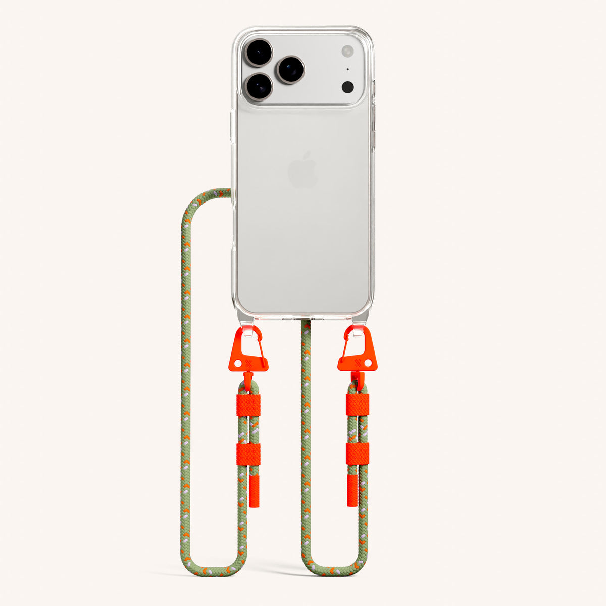 Phone Necklace with Carabiner Rope for iPhone 18 Pro Max without MagSafe in Clear + Orange Camouflage Total View | XOUXOU #phone model_iphone 18 pro max