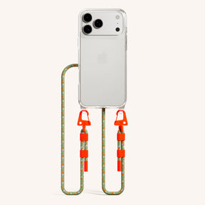 Phone Necklace with Carabiner Rope in Clear + Orange Camouflage