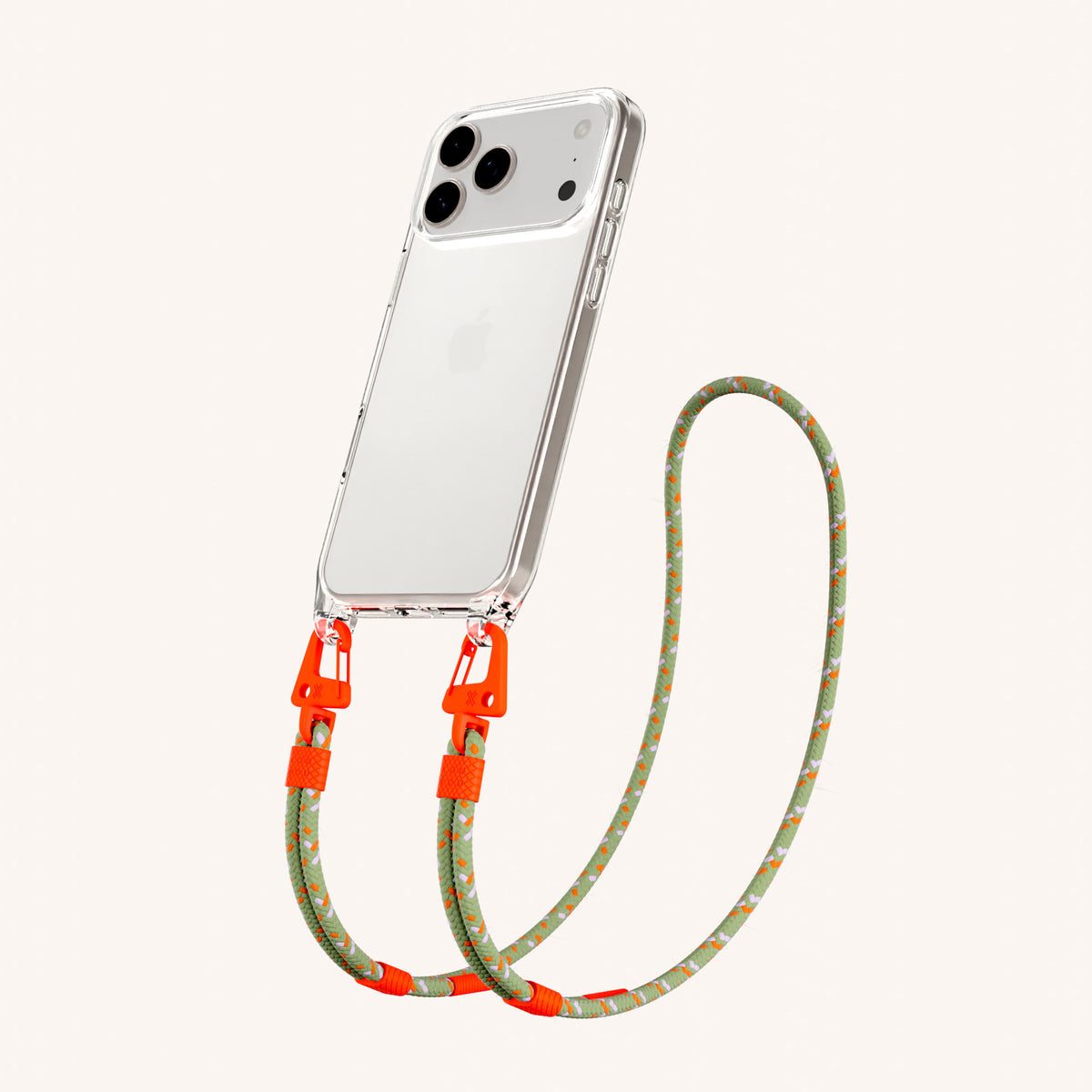Phone Necklace with Carabiner Rope for iPhone 18 Pro Max without MagSafe in Clear + Orange Camouflage Perspective View | XOUXOU #phone model_iphone 18 pro max