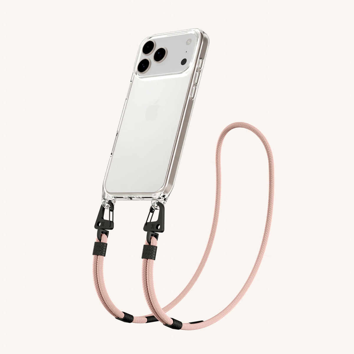 Phone Necklace with Carabiner Rope for iPhone 18 Pro Max without MagSafe in Clear + Powder Pink Perspective View | XOUXOU #phone model_iphone 18 pro max