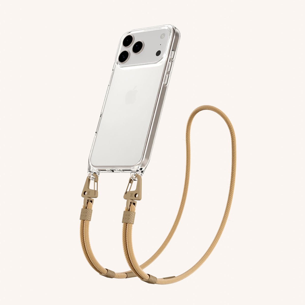 Phone Necklace with Carabiner Rope for iPhone 18 Pro Max without MagSafe in Clear + Sand Perspective View | XOUXOU #phone model_iphone 18 pro max