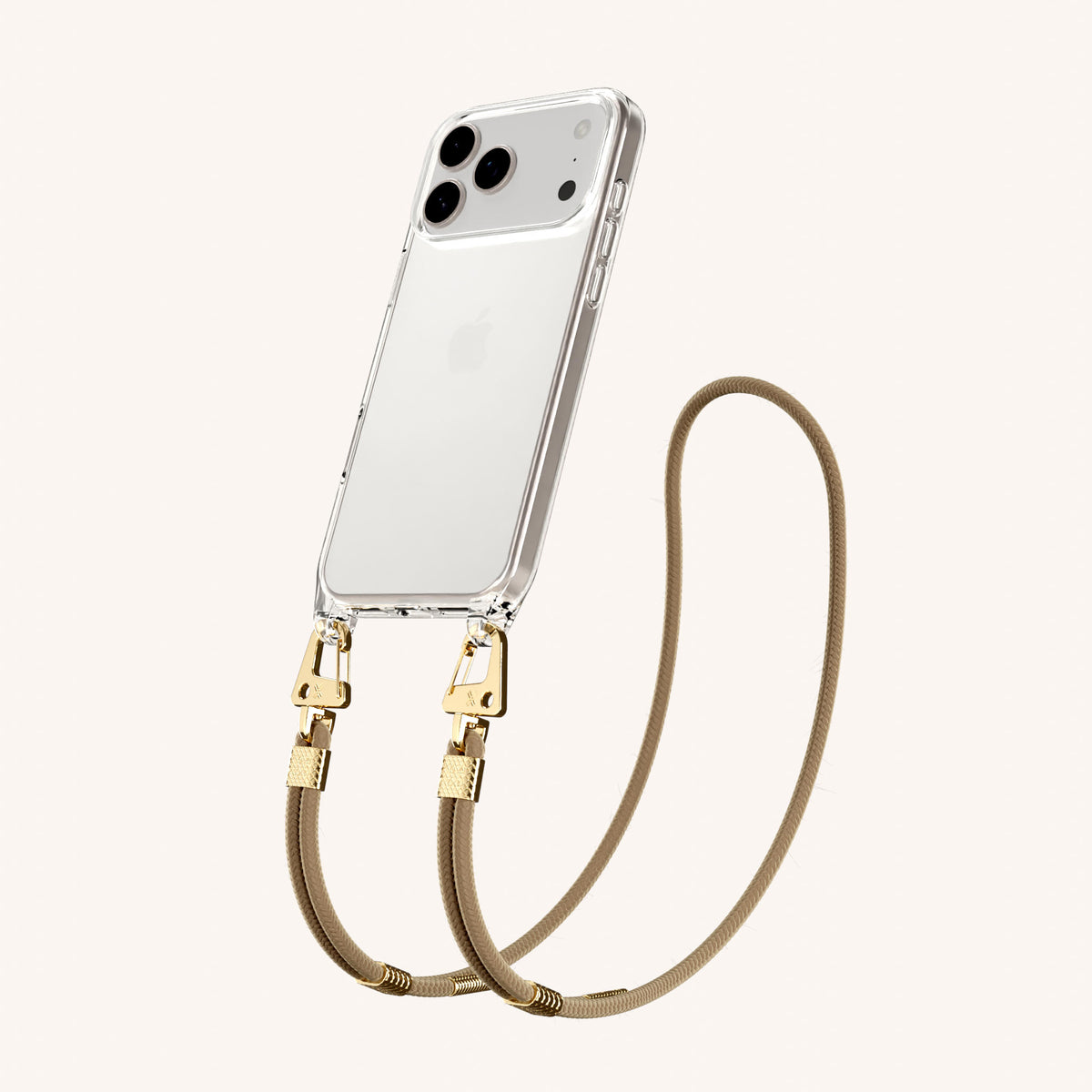 Phone Necklace with Carabiner Rope for iPhone 18 Pro Max without MagSafe in Clear + Taupe Perspective View | XOUXOU #phone model_iphone 18 pro max
