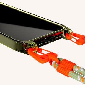 Handykette mit Karabinerband in Sunny Lime Clear + Orange Camouflage