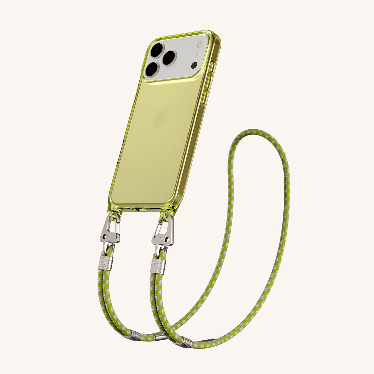 Phone Necklace with Carabiner Rope for iPhone 18 Pro Max without MagSafe in Sunny Lime Clear + Spotted Olive Perspective View | XOUXOU #phone model_iphone 18 pro max