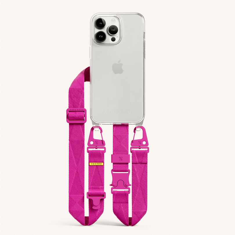 Clear Phone Necklace with Lanyard for iPhone 14 Pro Max without MagSafe in Clear + Power Pink Total View | XOUXOU #phone model_iphone 14 pro max